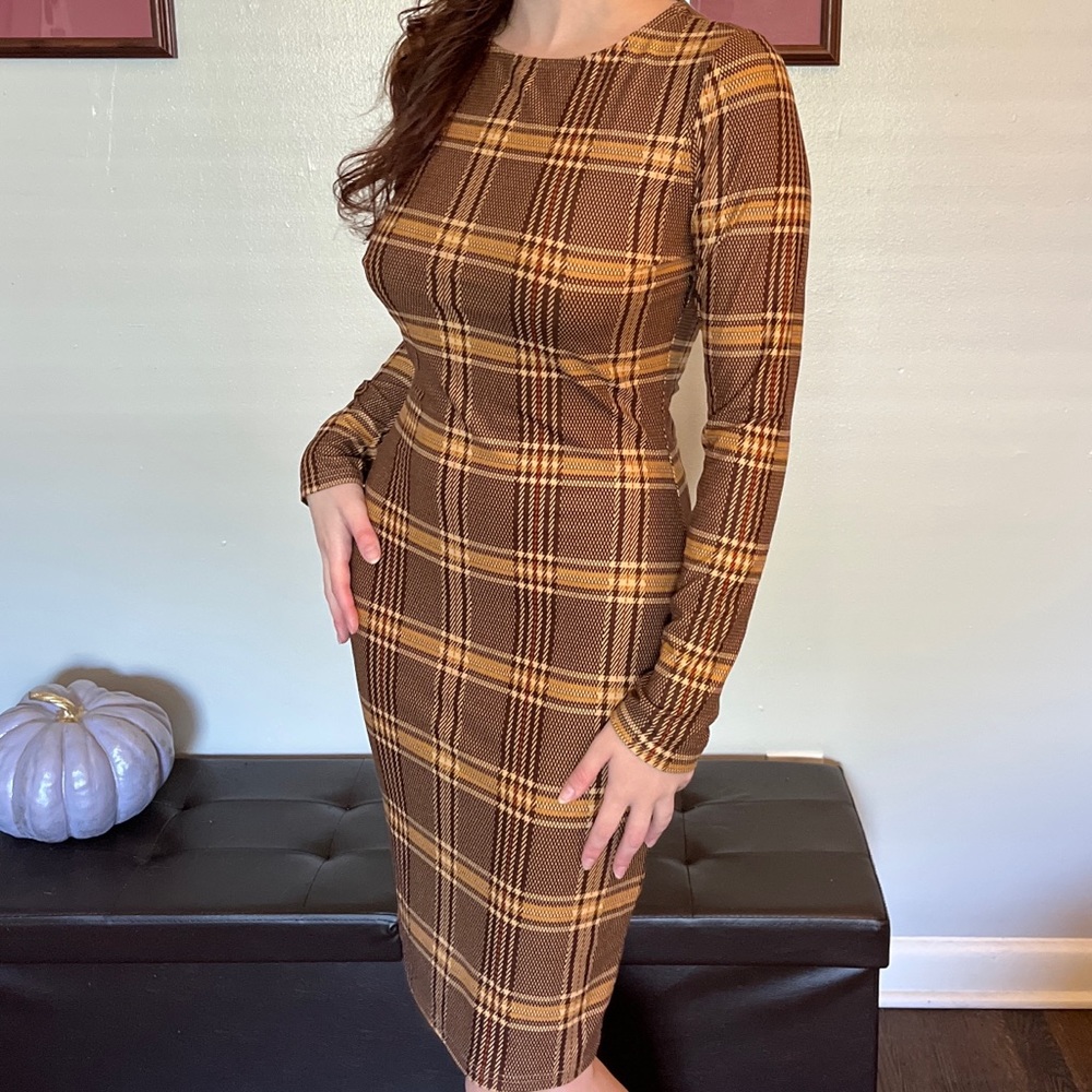 Academia Brown Plaid Bodycon Dress